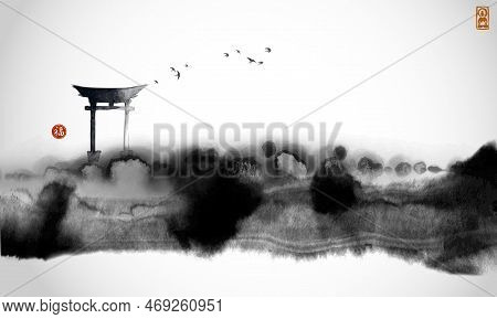 Ink Wash Painting Of Landscape With Flock Of Birds Over The Sacred Torii Gates On White Background.t