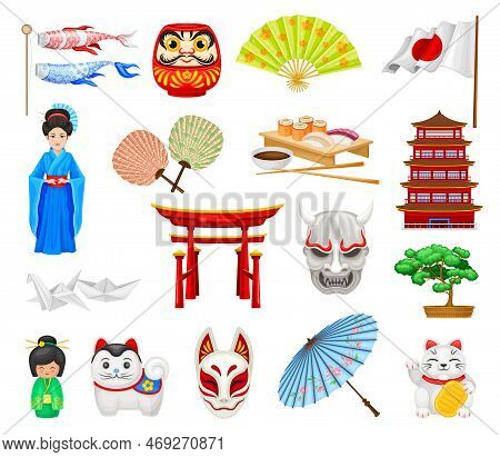 Japanese Objects And Symbols With Torii Gate, Origami Bird, Flag, Cat, Fan And Pagoda Big Vector Set