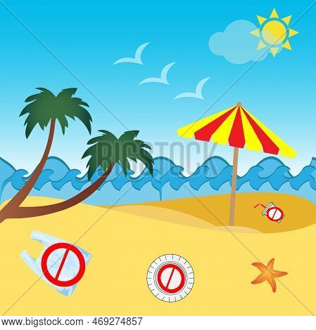 Single Use Plastic Objects Like Bag, Plate And Drinking Glass With Prohibition Sign On The Beach