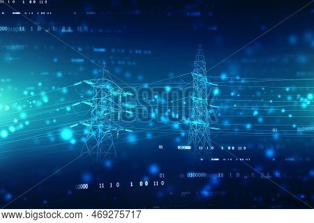 High Power Electricity Poles On Technology Abstract Background. Energy Supply, Distribution Of Energ
