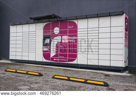 Loriol Sur Drome, France - January 14, 2023: Lockers Mondial Relay. Pickup Box A Place By The Road T