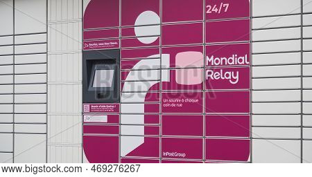 Loriol Sur Drome, France - January 14, 2023: Lockers Mondial Relay. Pickup Box A Place By The Road T