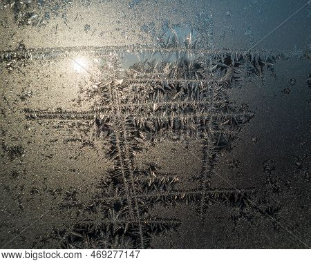 Frosty Patterns On The Window Glass. Beautiful Frosted Branches Grew On Straight Sections. The Sun S