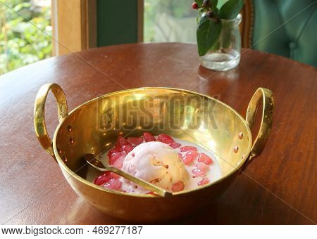 Thai Dessert Called Tub Tim Grob Or Mock Pomegranate In Coconut Milk Served With Ice Cream In Gold B