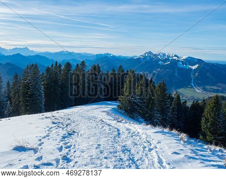 Lengries, Germany - December 28th 2022: Beautiful Panorama View Into The Bavarian Mountains On A Sun