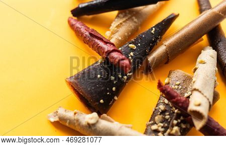 Berry Pastille On Colorful Background. Healthy Raw Vegan Snack. Rolled Pastila, A Traditional Health