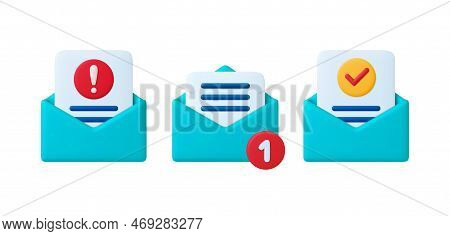 Mail 3d Icons. Email Notice, New Letter, Attention News And Dangerous Mail Or Spam. Plastiline Icon 