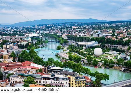 Old Tbilisi From Above With Mtkvari Or Kura River, Bridge Of Peace, Rike Park, Hot Air Balloon, Cabl