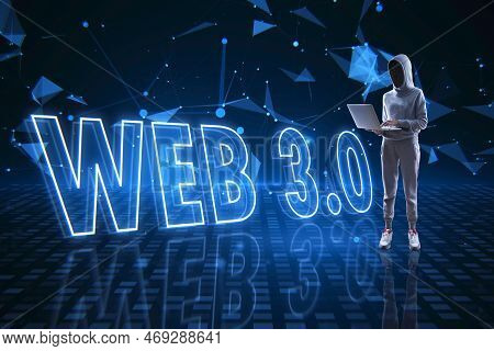 Creative Modern Background With Hacker Using Laptop Computer. Web 3.0 Is A New Generation Of The Int