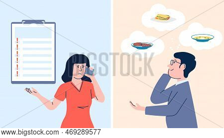 Working Housewife Difficulties. Tired Woman Talk With Husband On Phone. Businessman Dream About Home