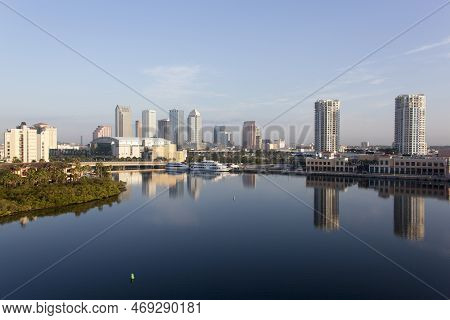 The Morning View Of Calm Ybor Turning Basin Waters And Tampa Downtown Skyline In A Background (flori