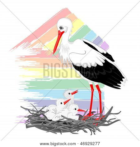 Stork og kyllinger i reden
