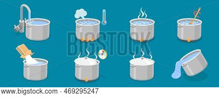 Vector Illustration Of Boiling In Cooking Pot Set, Boiled Steamed Water