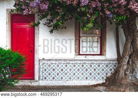 A Capture Of A House Facade With Painted Tin-glazed Ceramic Tiles With Flowers, A Vertical Window Wi