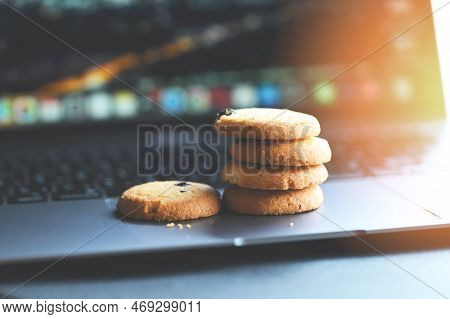 Internet Cookies Internet Browser Cookies Concept, Mini Cookies On Keyboard Computer Laptop
