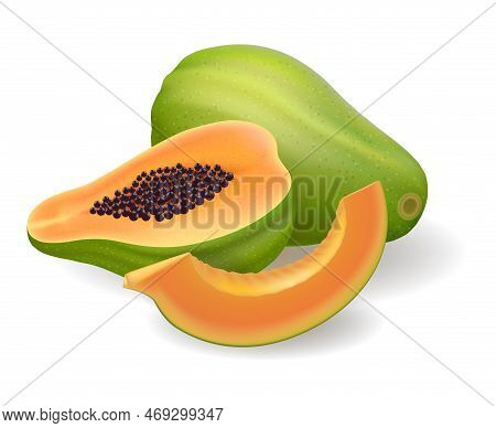 Cutting Papaya Illustration. Whole Half And Slice Papayya Fruits Isolated, 3d Closeup Pawpaw Vector 