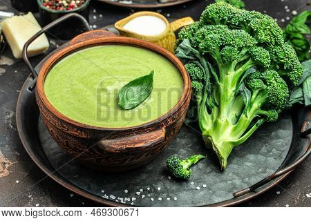 Broccoli Soup With Vegetables In A Bowl Omemade Healthy Organic Vegetarian Vegan Diet Fresh Food Mea
