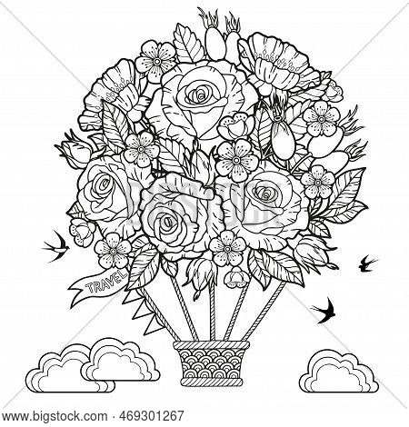Vector Coloring Book Page For Adults. Black And White Illustration Of Hot Air Balloon Made Of Roses