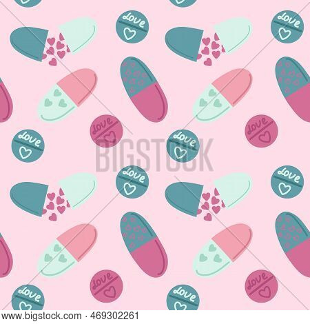 Lovely Seamless Pattern With Medical Pills Marked By Heart Symbol Conveys Love Like Drugs Theme. Per