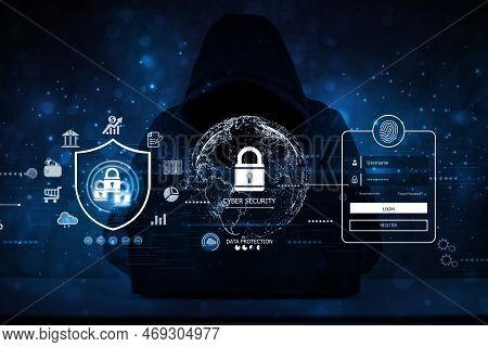 Hacker, Hacker Hacks Network, Hacker On A Dark Background. Dangerous Hooded Hacker Breaks Into Gover
