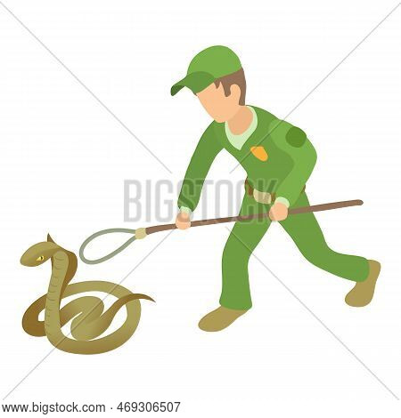 King Cobra Icon Isometric Vector. Young Man In Green Uniform Near Big Cobra Icon. Reptile Capture, H