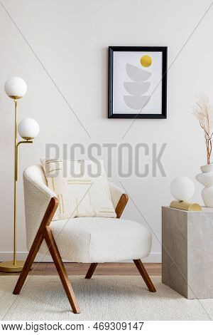 Warm And Cozy Living Room With Mock Up Poster, White Armchair, Lamp, Consola And Personal Accessorie