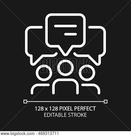 Group Discussion Pixel Perfect White Linear Icon For Dark Theme. Speech Balloons Over People Crowd. 