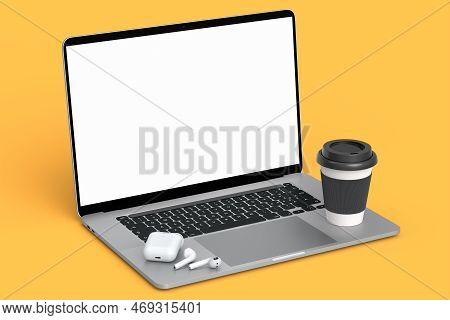 Paper Coffee Cup With Cap With Doughnuts And Laptop On Yellowbackground. 3d Render Of Concept Takeaw