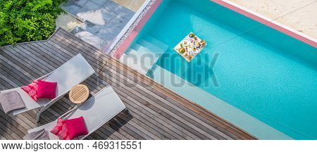 Breakfast In Swimming Pool, Floating Breakfast In Luxurious Tropical Resort. Table Relaxing On Calm 