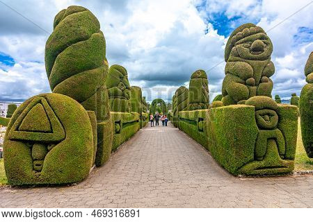 Tulcan, Ecuador - October 8, 2022: Cemetery With Green Sculptures Made Of Plants