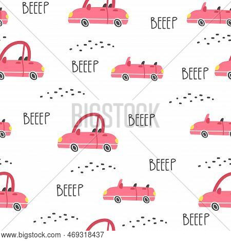 Childrens Seamless Vector Pattern With Cars. Pink Cars And Convertibles. Pattern With Cars For Girls