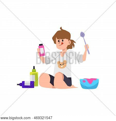 Child Mixing Ingredients For Preparing Slime Flat Vector Illustration Isolated.