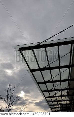 Strut, Suspended Glass Roof Above The Building Entrance. Bus Station, Railway Station. Cable Wind Br