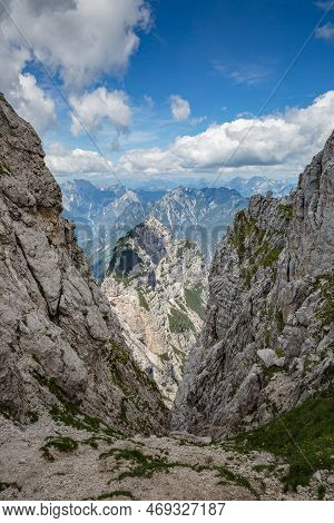 Beautiful Nature. Mountain Hiking Trail Road. Italy Malga Montasio Forca Disteis