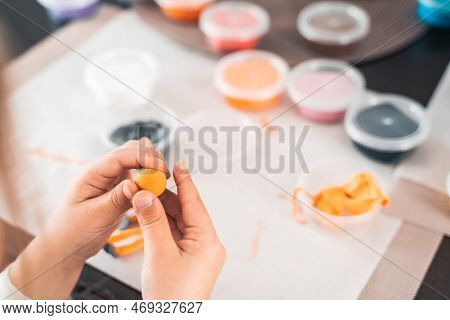 Little Girls Sculpt Figurines Crafts From Air Plasticine, Modeling Dough.online Lessons In Tablet. C