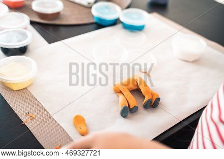 Little Girls Sculpt Figurines Crafts From Air Plasticine, Modeling Dough.online Lessons In Tablet. C