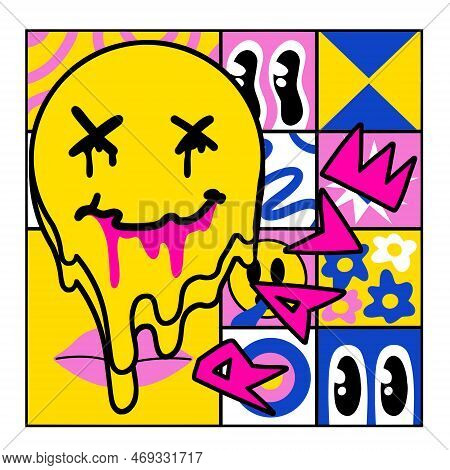 Poster With Yellow Smile Face. Acid Rave And Techno Party Of 90s.