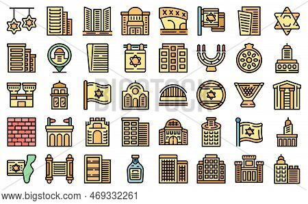 Tel Aviv Icons Set Outline Vector. Israel Skyline. City Tower Color Line Flat Isolated On White