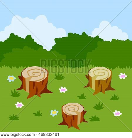 Stump In Forest Meadow. Green Field With Grass. Background For Child Drawing. Summer Nature. Funny S