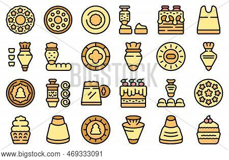 Icing Nozzles Icons Set Outline Vector. Cake Decoration. Icing Bakery Color Line Flat Isolated On Wh