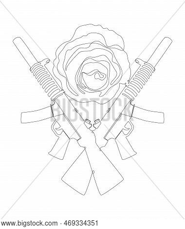 One Continuous Line Of A Machine Gun With Rose. Thin Line Illustration Vector Concept. Contour Drawi
