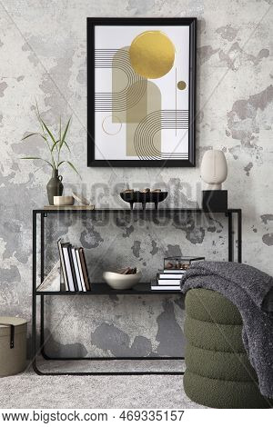 Creative Composition Of Living Room Interior With Mock Up Poster Frame, Black Consola, Grey Pouf Wit