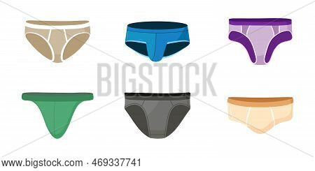 Men Underwear Design Vector Set In Flat Style. Boy Underpants. Doodle Male Slimming Or Swimming Unde