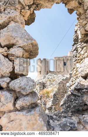 Calascio, Italy-august 9, 2021:particular Of The Ruins Of Rocca Calascio During A Sunny Day