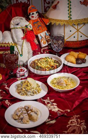 Kazakh Festive Table With National Dishes. Traditional Dastarkhan
