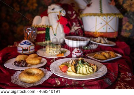 Kazakh Festive Table With National Dishes. Traditional Dastarkhan