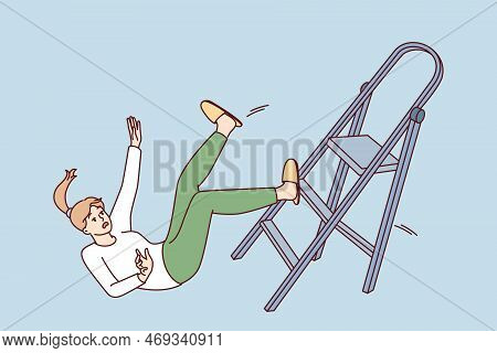Clumsy Woman Falls Off Stepladder During Repairs And Risks Injury And Hospitalization With Fracture.