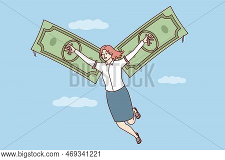 Happy Woman Flies In Sky Among Clouds Using Banknotes Instead Of Wings. Concept Of Financial Freedom