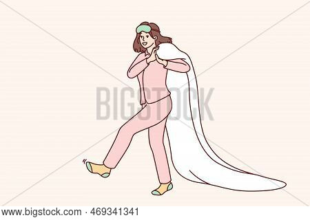 Happy Woman In Pajamas And Socks After Morning Awakening Walks Dragging Blanket Behind Back. Young C