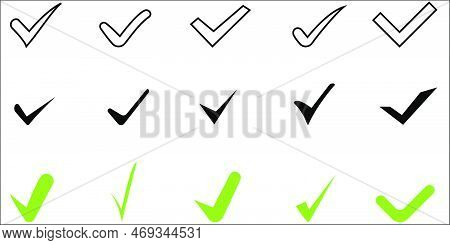Check Mark Collection. Check Mark Black And Green Vector Icons, Isolated On White Background.